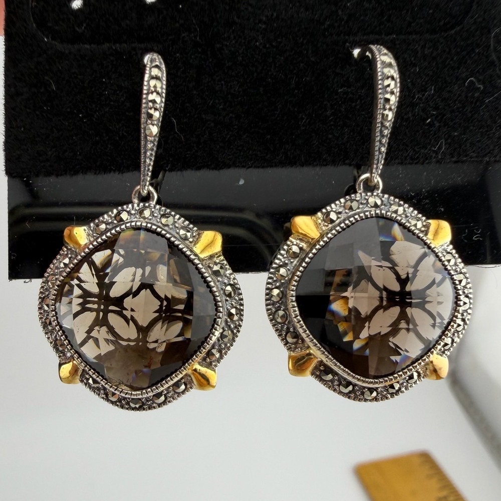 Vintage MARC Brown Smoky Quartz Marcasite Sterling Silver Drop Earrings